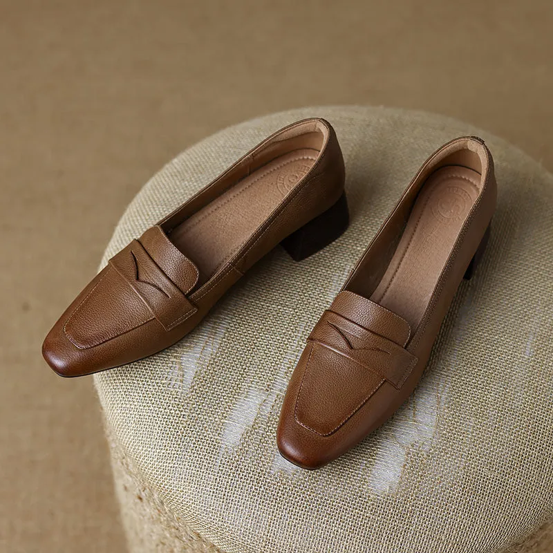 Mia Leather Heeled Penny Loafers Khaki