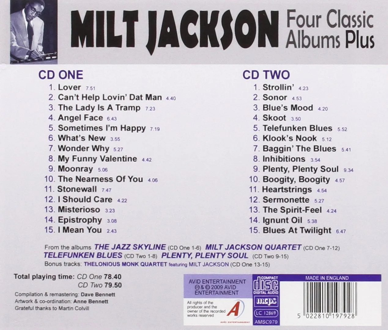 MILT JACKSON: FOUR CLASSIC ALBUMS PLUS (THE JAZZ SKYLINE / MILT JACKSON QUARTET / TELEFUNKEN BLUES / PLENTY PLENTY SOUL) (2 CD)