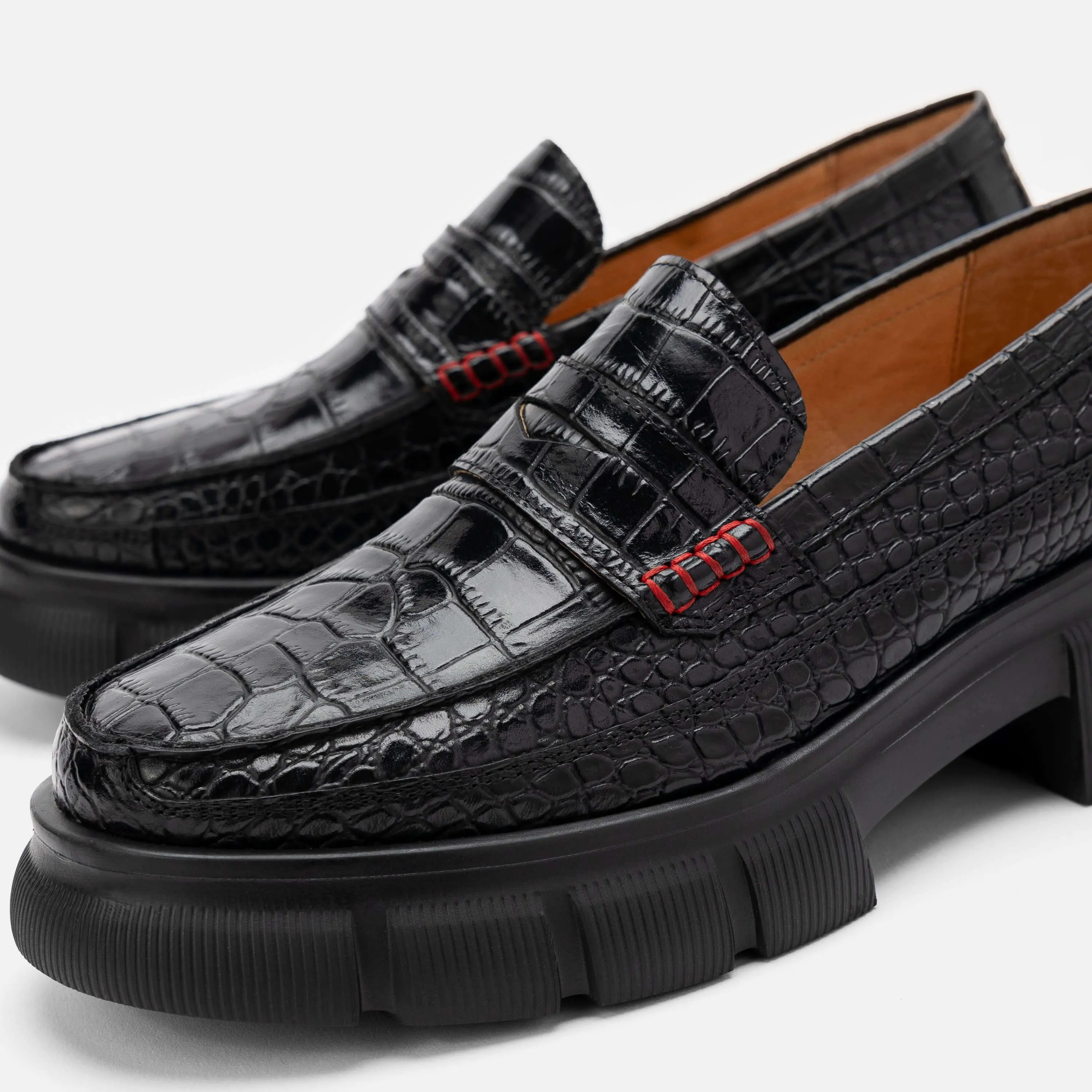 Ms. Calum Black Croc Leather Lug Penny Loafers