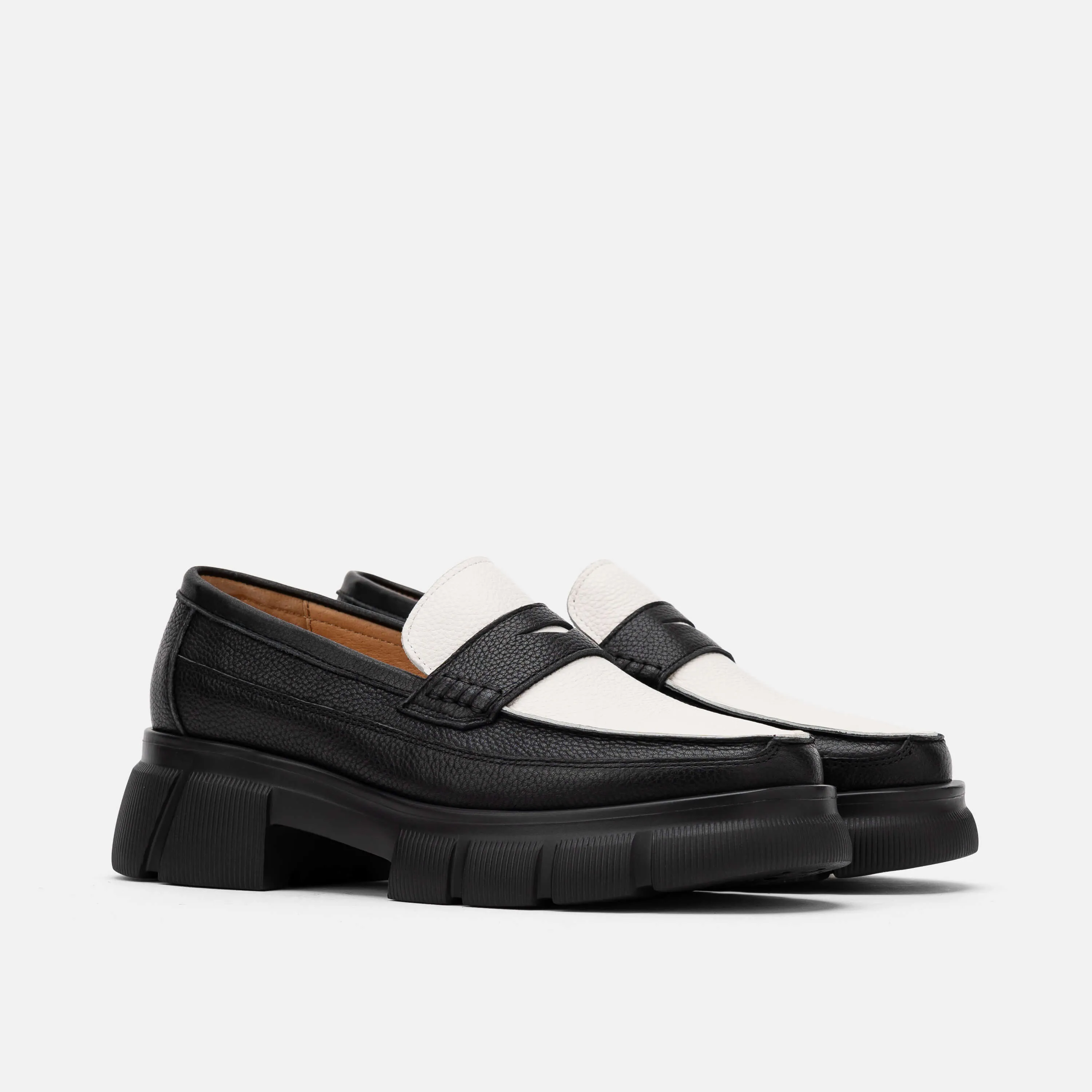 Ms. Calum Black/White Pebble Leather Lug Penny Loafers