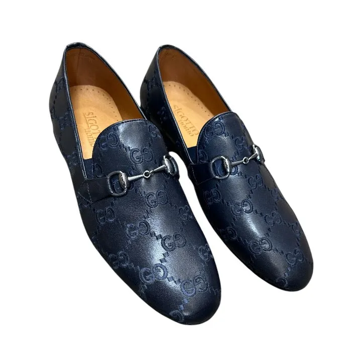 Navy Blue Men's Luxury Trendy Loafers Slip-on Dress Shoes with Sliver Buckle Style No: 1150