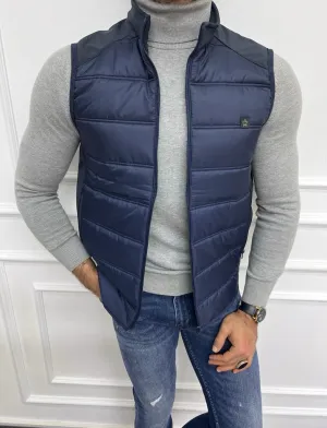 Navy Blue Slim Fit Zippered Puffer Vest for Men by GentWith.com