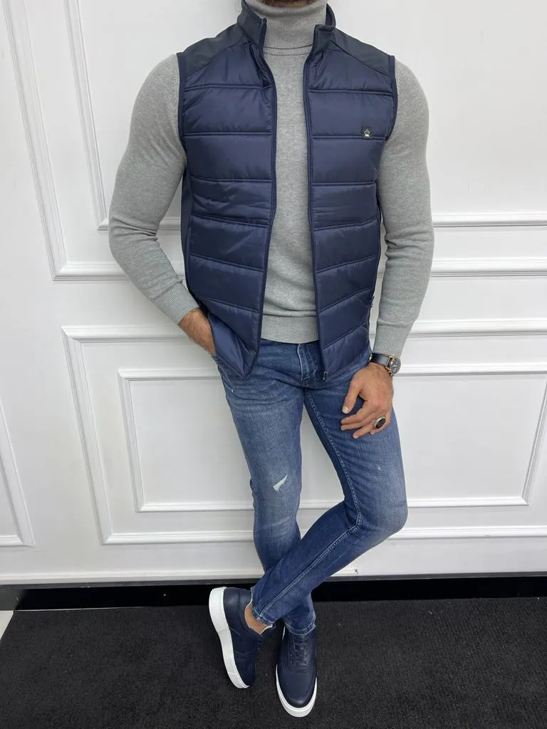 Navy Blue Slim Fit Zippered Puffer Vest for Men by GentWith.com