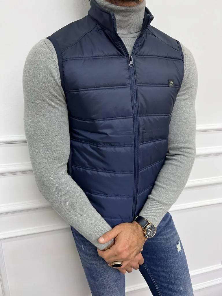 Navy Blue Slim Fit Zippered Puffer Vest for Men by GentWith.com