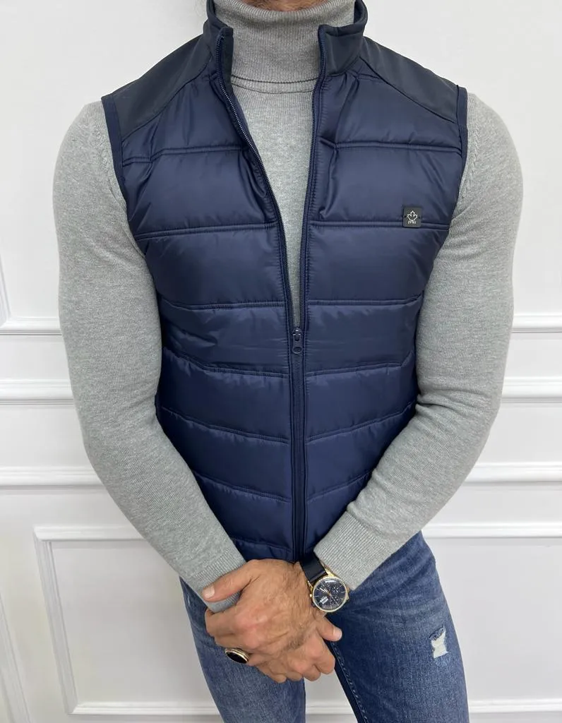 Navy Blue Slim Fit Zippered Puffer Vest for Men by GentWith.com