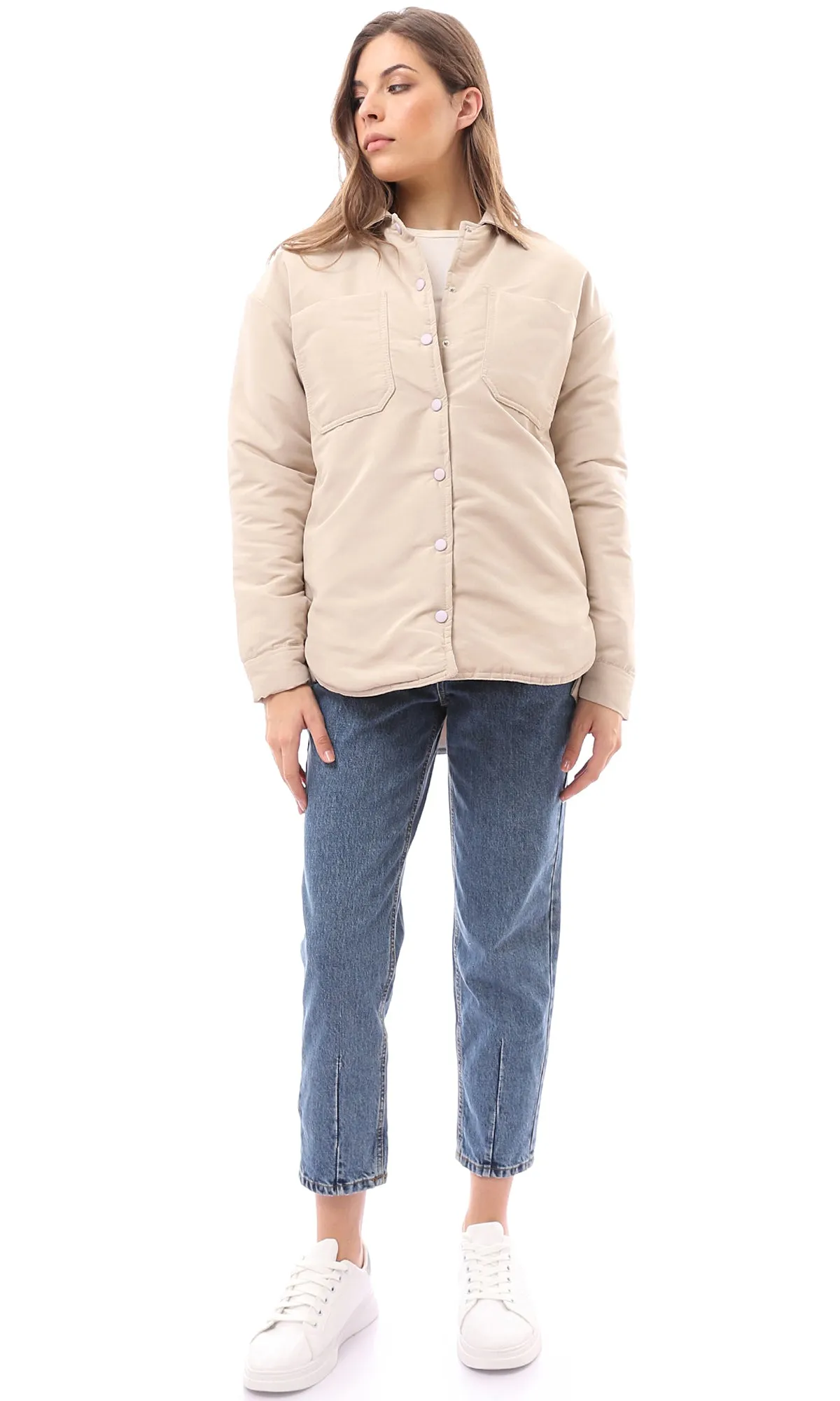 O170782 Long Sleeves Coziness Beige Puffer Jacket