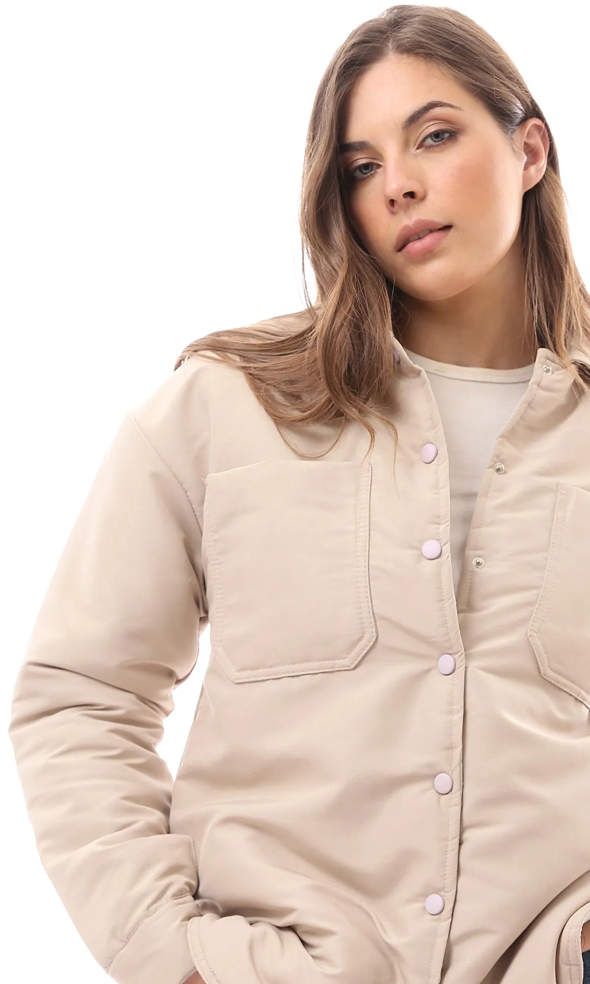 O170782 Long Sleeves Coziness Beige Puffer Jacket