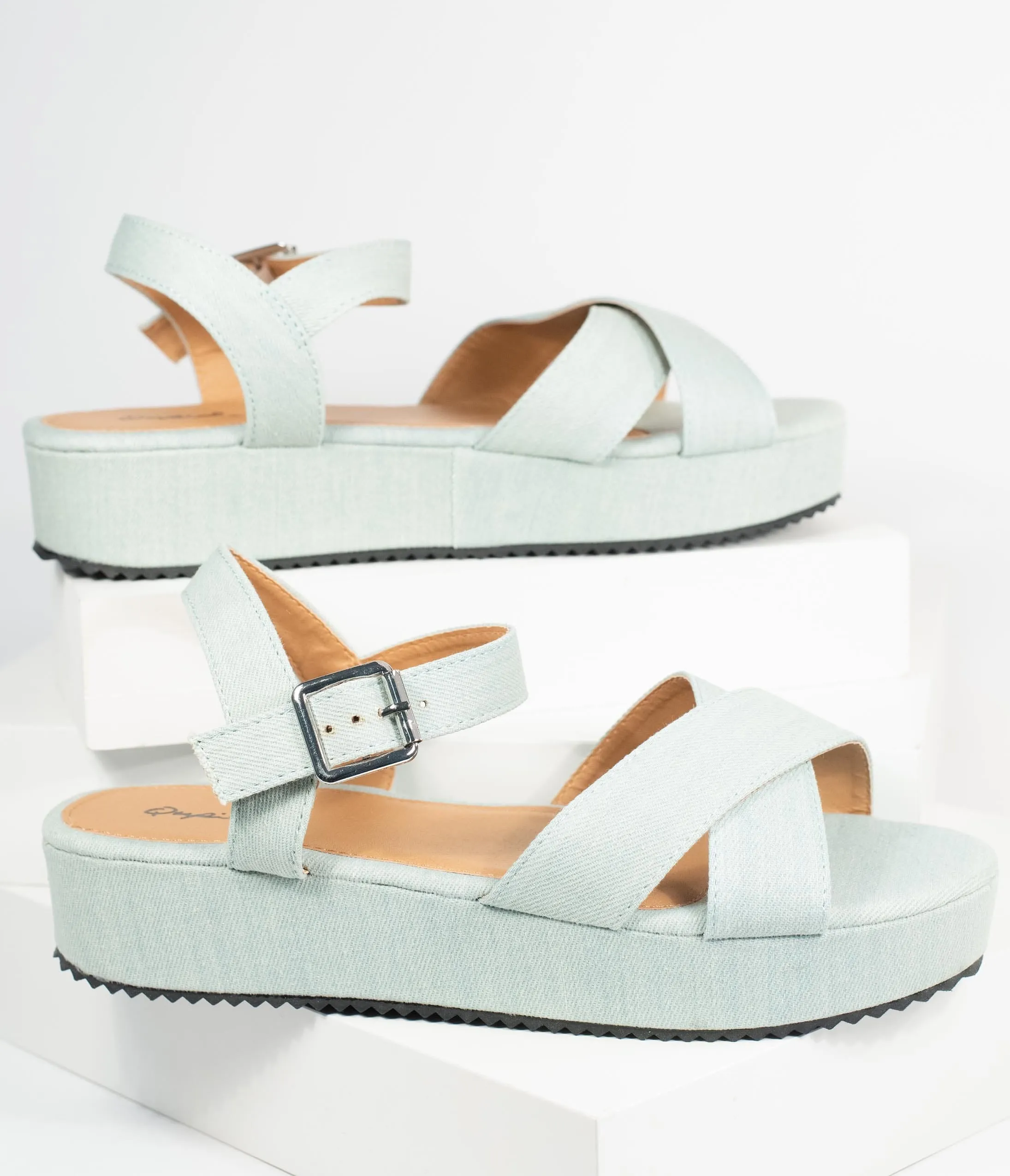 Pale Blue Denim Cross Strap Platform Keliko Sandals