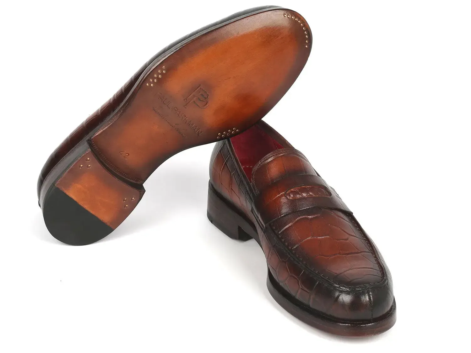 Paul Parkman Croco-Embossed Calfskin Penny Loafers in Brown