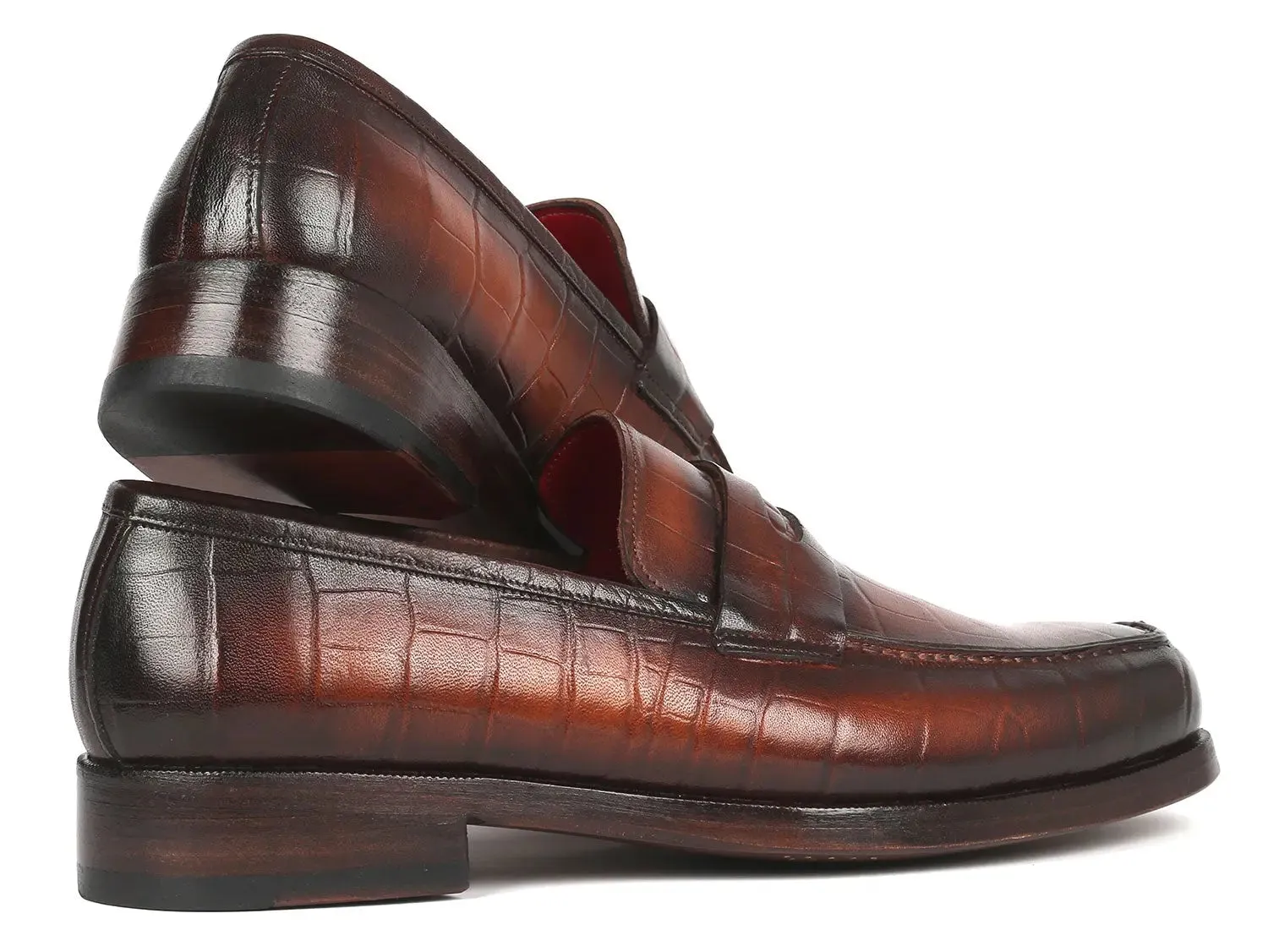 Paul Parkman Croco-Embossed Calfskin Penny Loafers in Brown