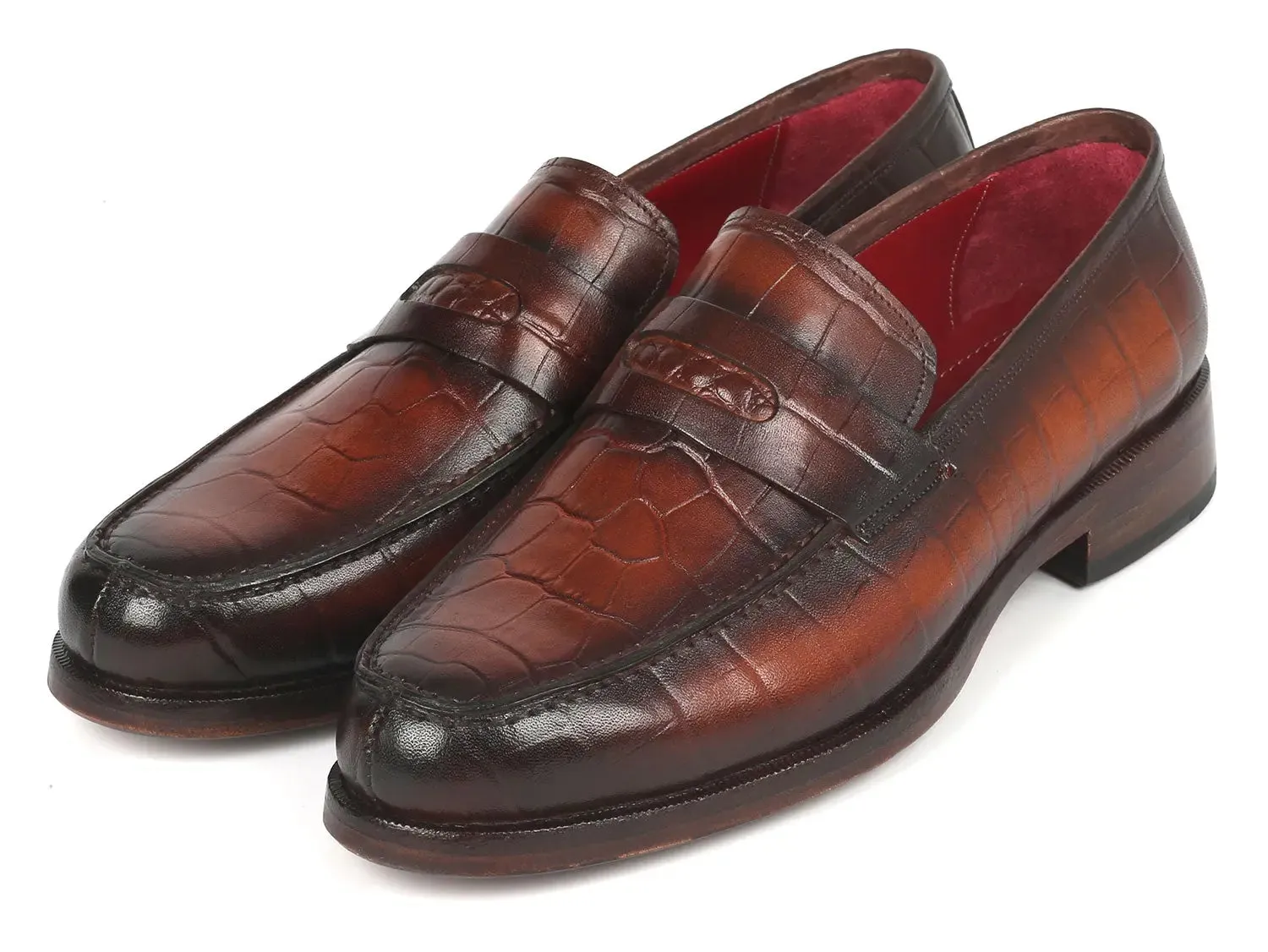 Paul Parkman Croco-Embossed Calfskin Penny Loafers in Brown