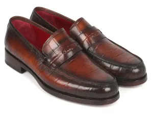 Paul Parkman Croco-Embossed Calfskin Penny Loafers in Brown