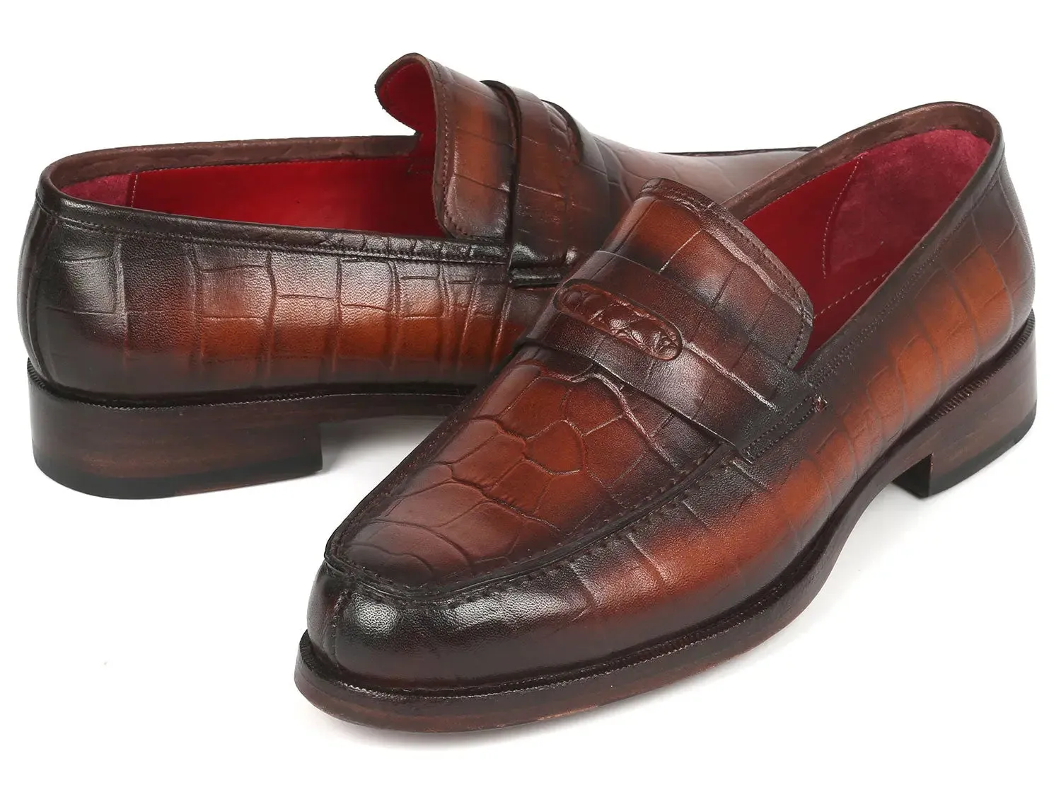 Paul Parkman Croco-Embossed Calfskin Penny Loafers in Brown