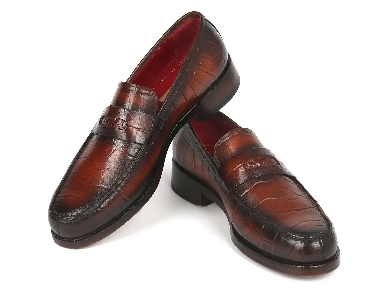 Paul Parkman Croco-Embossed Calfskin Penny Loafers in Brown