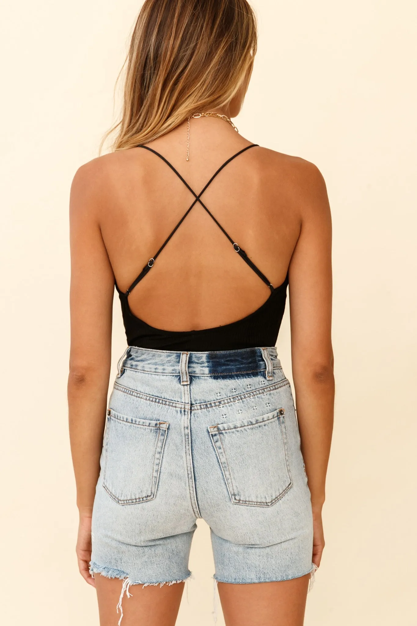 Penny Lane Frill Bust Criss-Cross Back Bodysuit Black