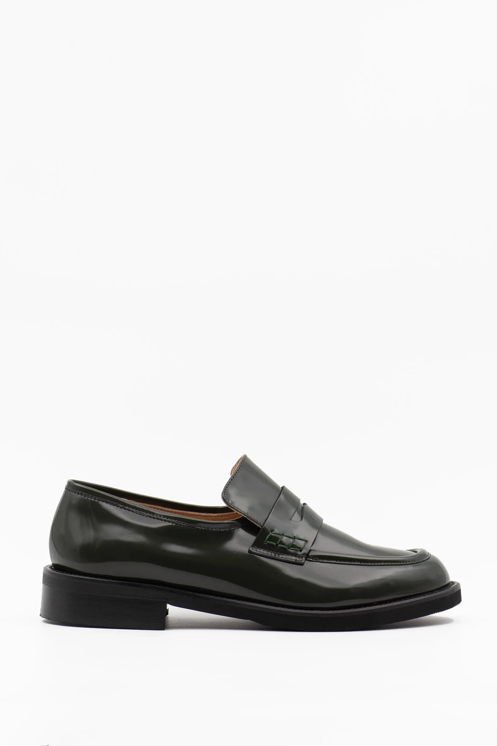 Penny loafers in green patent with rubber sole