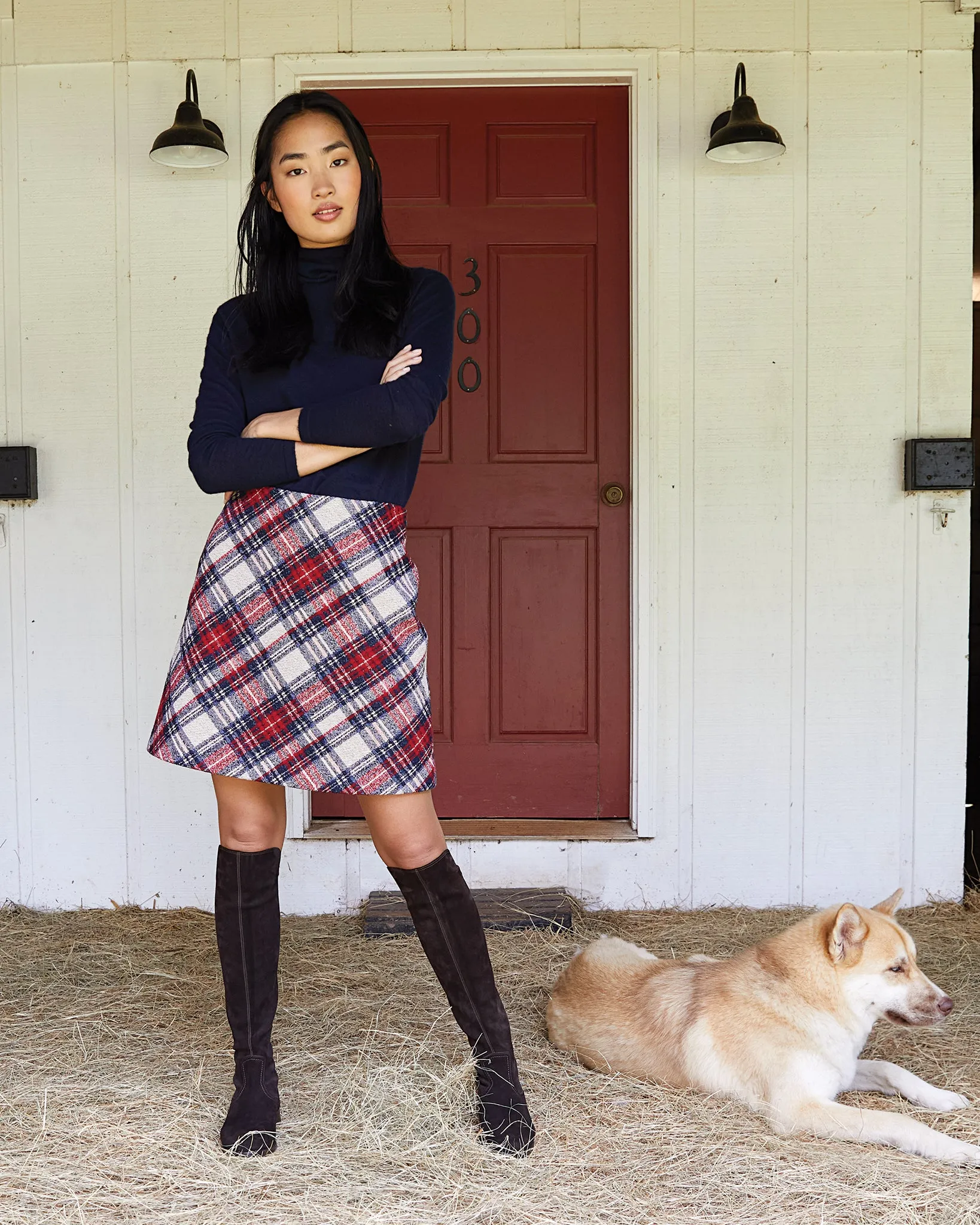 Penny Skirt in Red/Blue/Natural Tartan Jacquard