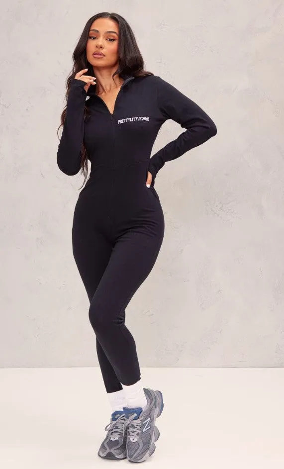 Petite Black Embroidered Zip Front Catsuit