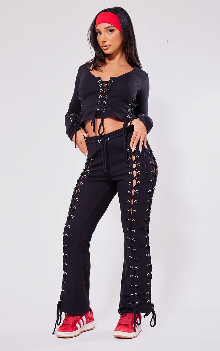 PETITE BLACK EYELET DETAIL LACE UP SWEATPANTS & EYELET DETAIL FITTED CROP TOP SET