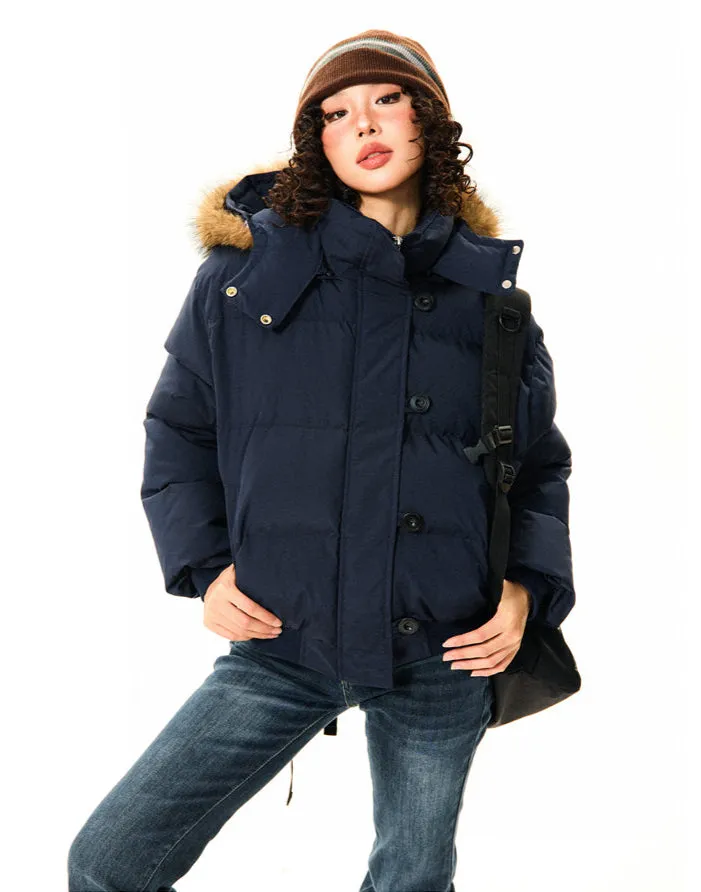 Puffer Bomber Jacket with Detachable Faux Fur Hood