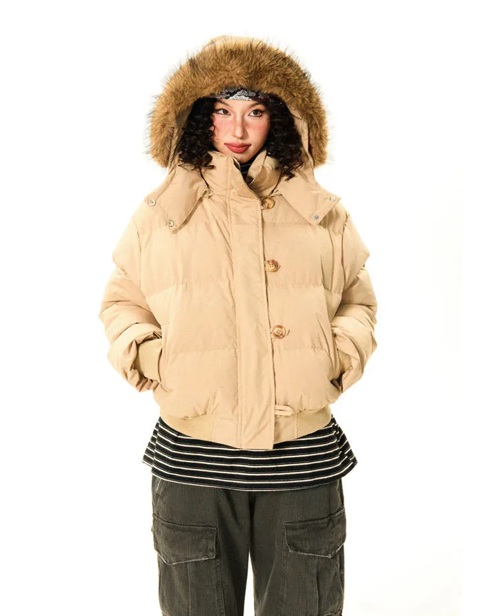 Puffer Bomber Jacket with Detachable Faux Fur Hood