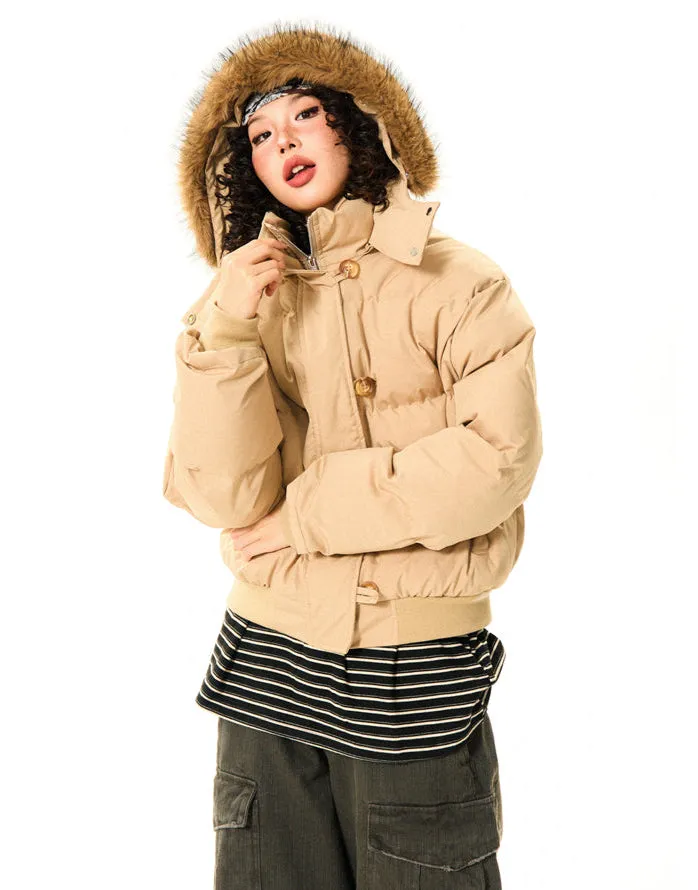 Puffer Bomber Jacket with Detachable Faux Fur Hood