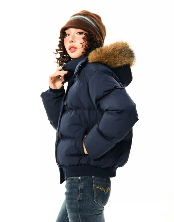 Puffer Bomber Jacket with Detachable Faux Fur Hood