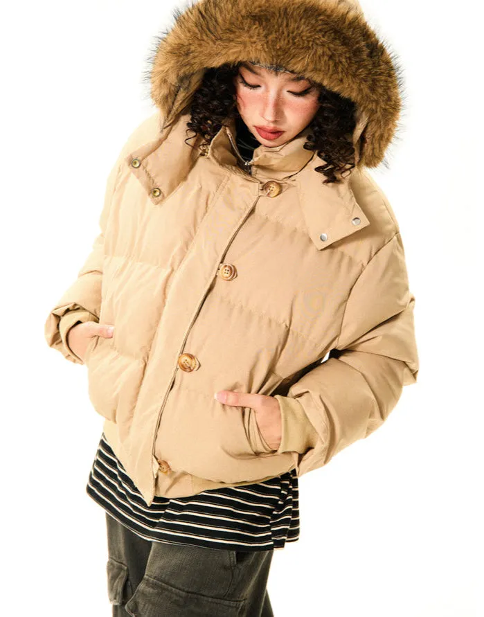 Puffer Bomber Jacket with Detachable Faux Fur Hood