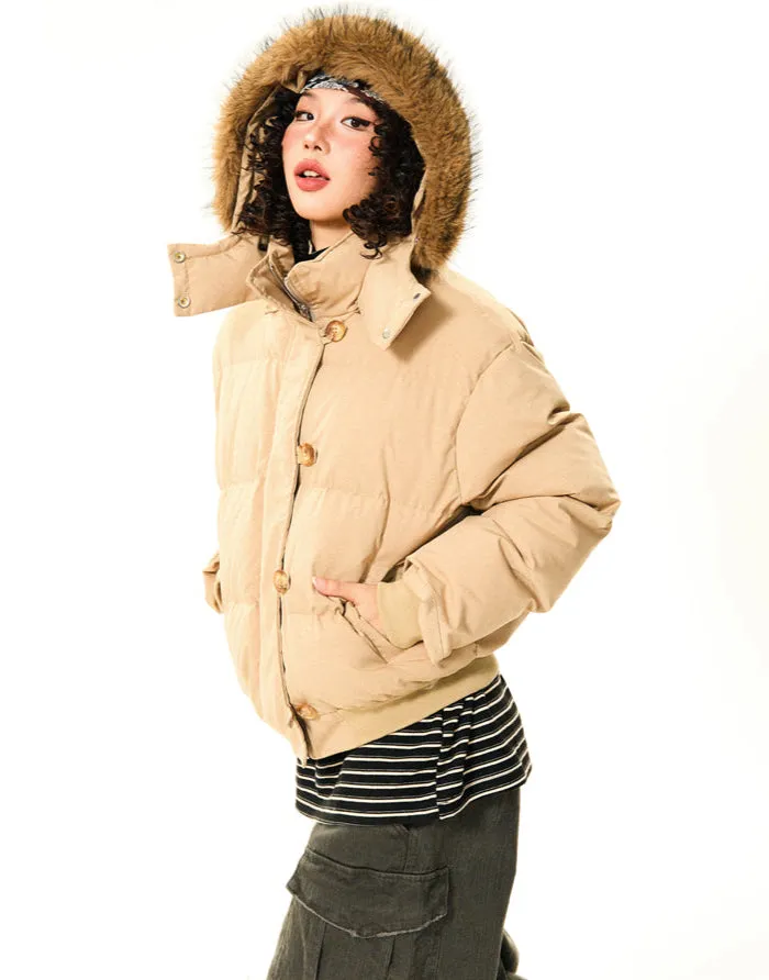 Puffer Bomber Jacket with Detachable Faux Fur Hood