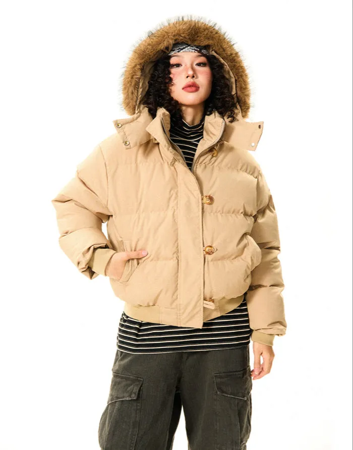 Puffer Bomber Jacket with Detachable Faux Fur Hood