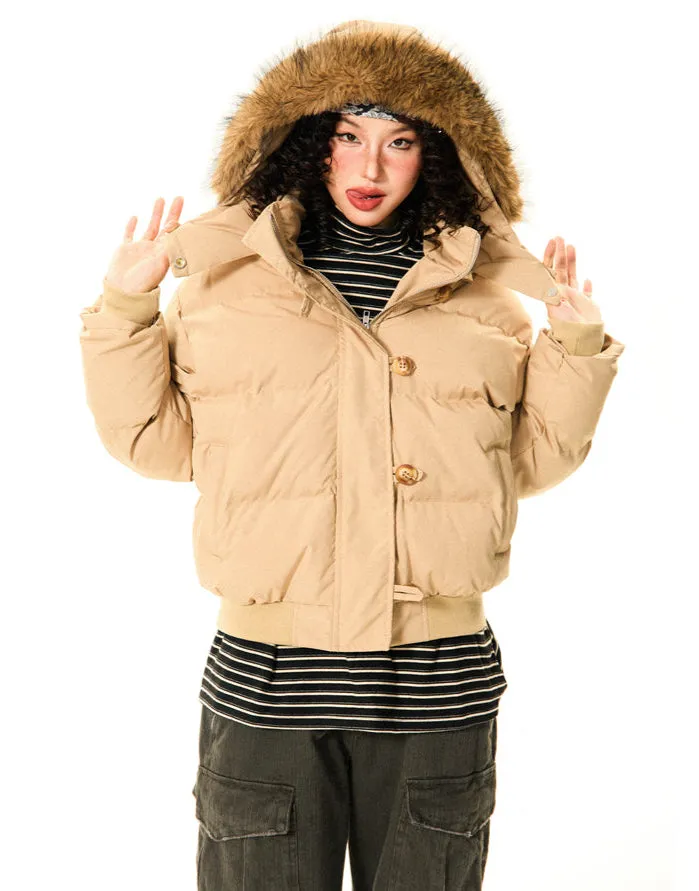 Puffer Bomber Jacket with Detachable Faux Fur Hood