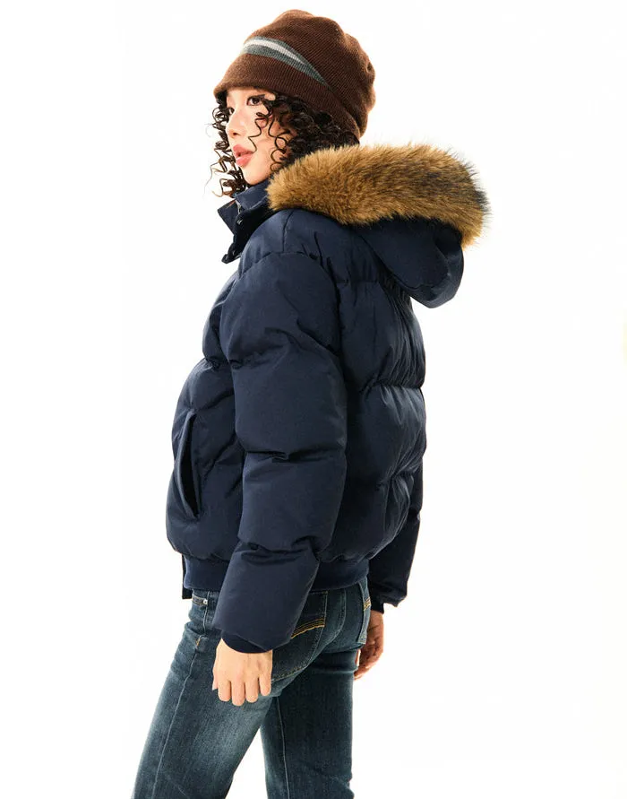 Puffer Bomber Jacket with Detachable Faux Fur Hood