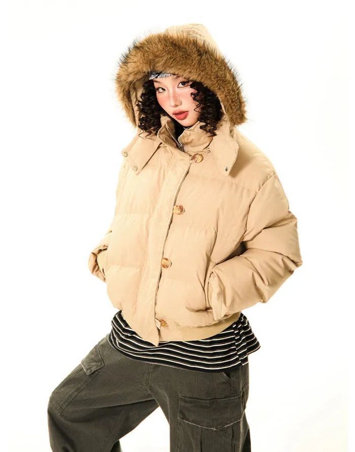 Puffer Bomber Jacket with Detachable Faux Fur Hood