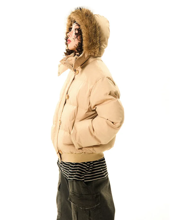 Puffer Bomber Jacket with Detachable Faux Fur Hood