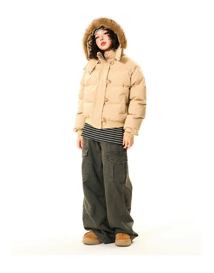 Puffer Bomber Jacket with Detachable Faux Fur Hood