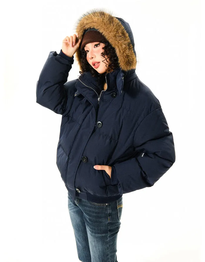 Puffer Bomber Jacket with Detachable Faux Fur Hood