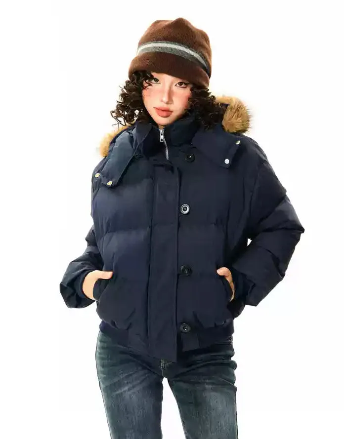 Puffer Bomber Jacket with Detachable Faux Fur Hood