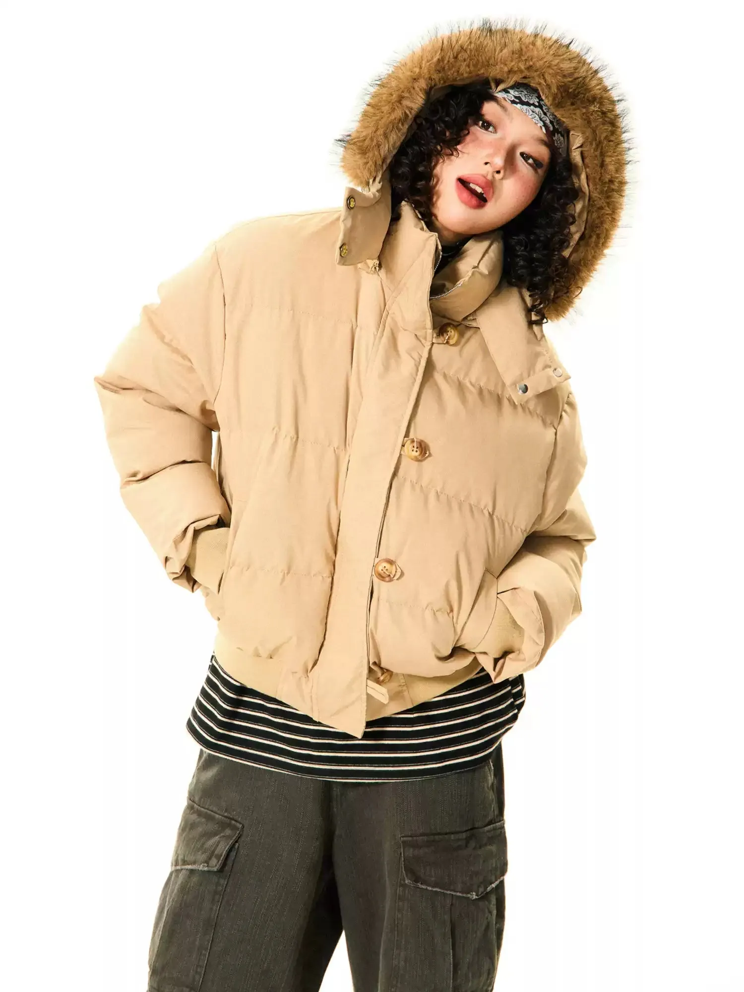 Puffer Bomber Jacket with Detachable Faux Fur Hood