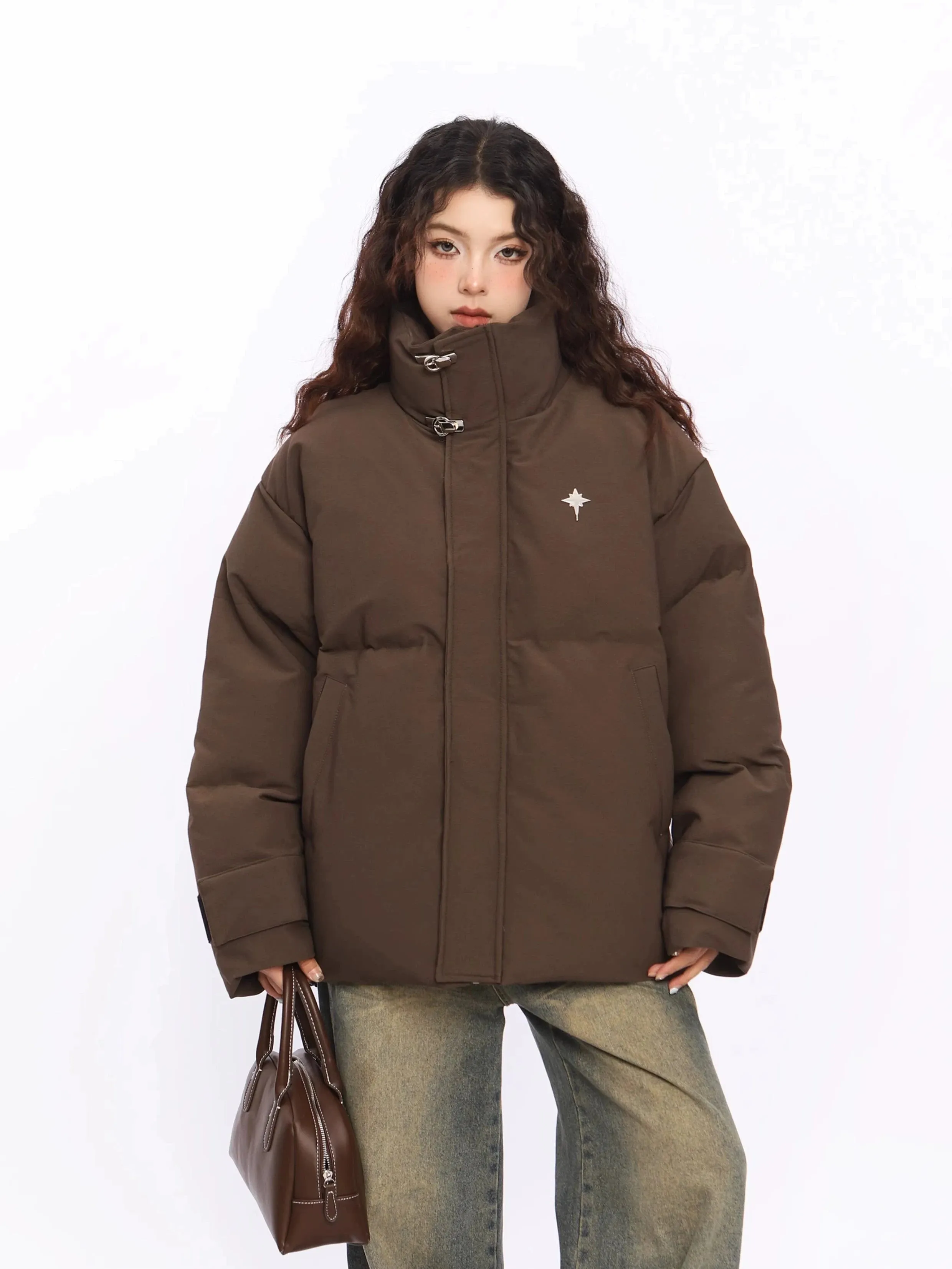 Puffer Jacket with High Collar Buckles Detail