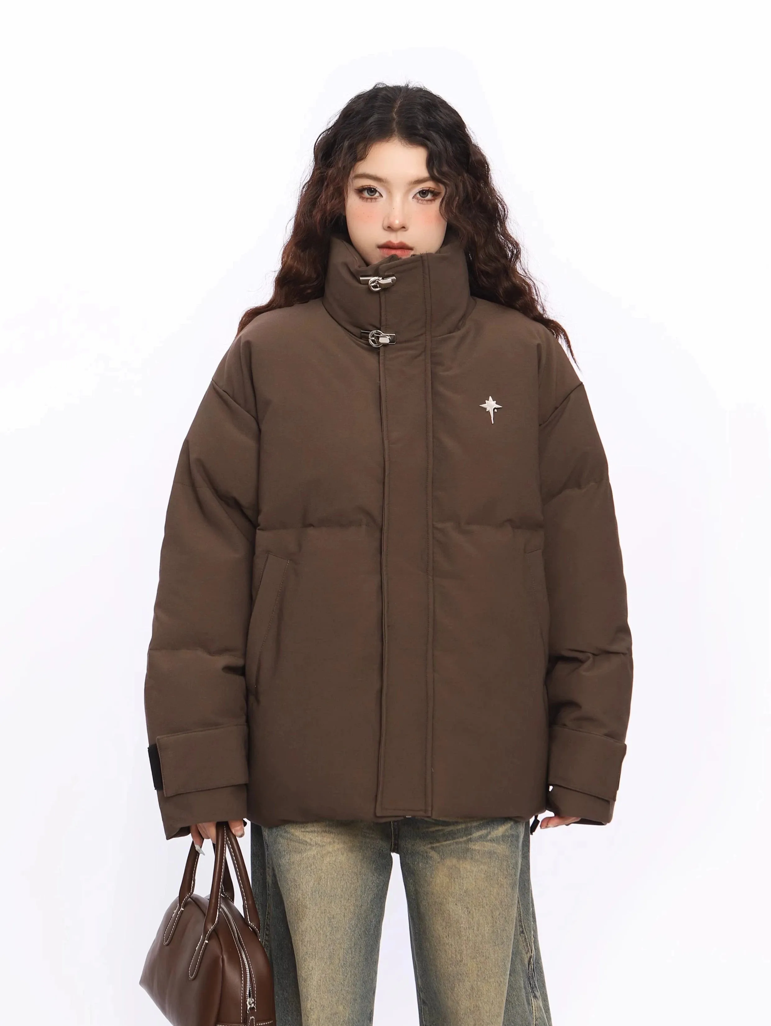 Puffer Jacket with High Collar Buckles Detail