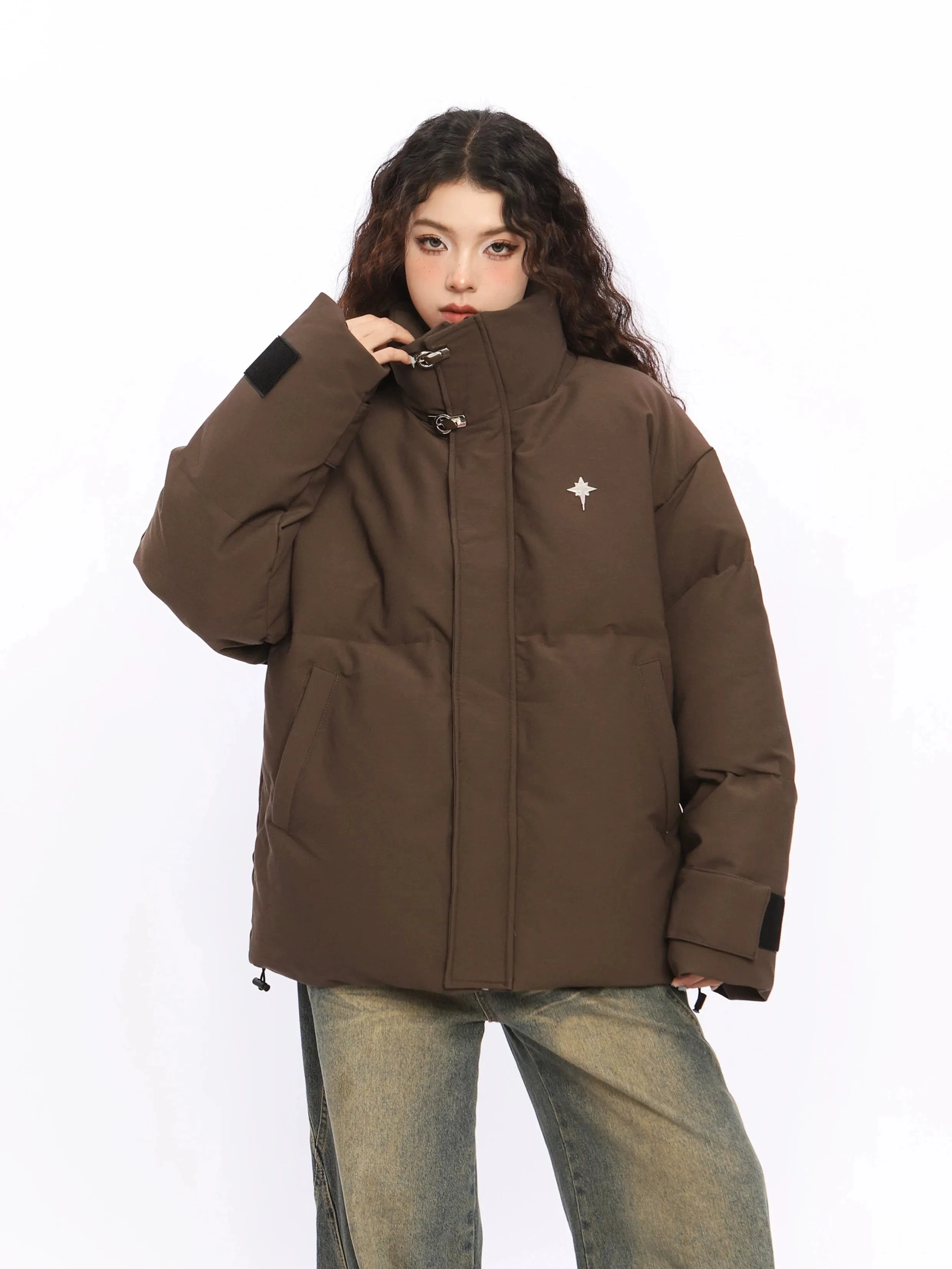 Puffer Jacket with High Collar Buckles Detail