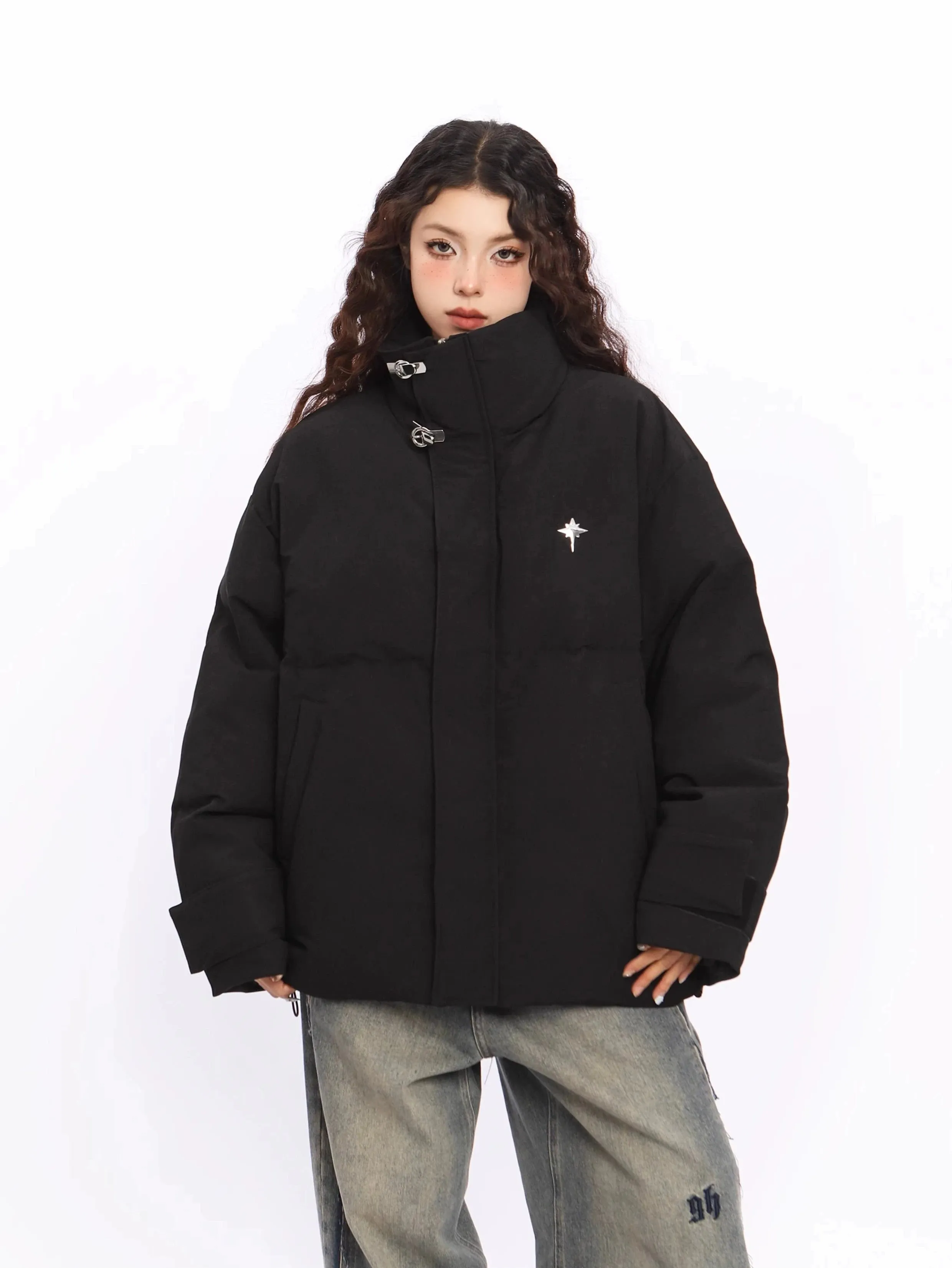 Puffer Jacket with High Collar Buckles Detail