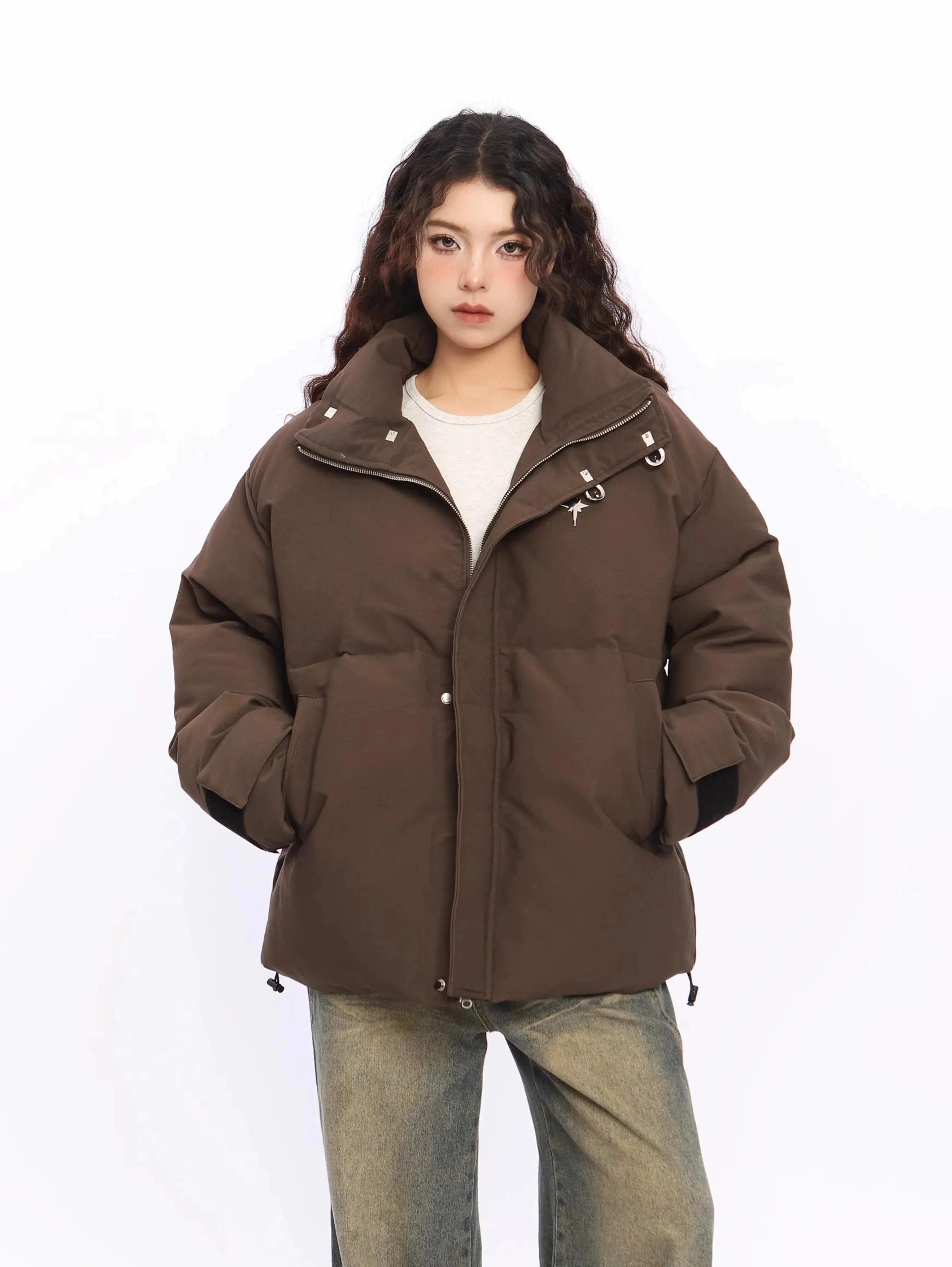 Puffer Jacket with High Collar Buckles Detail