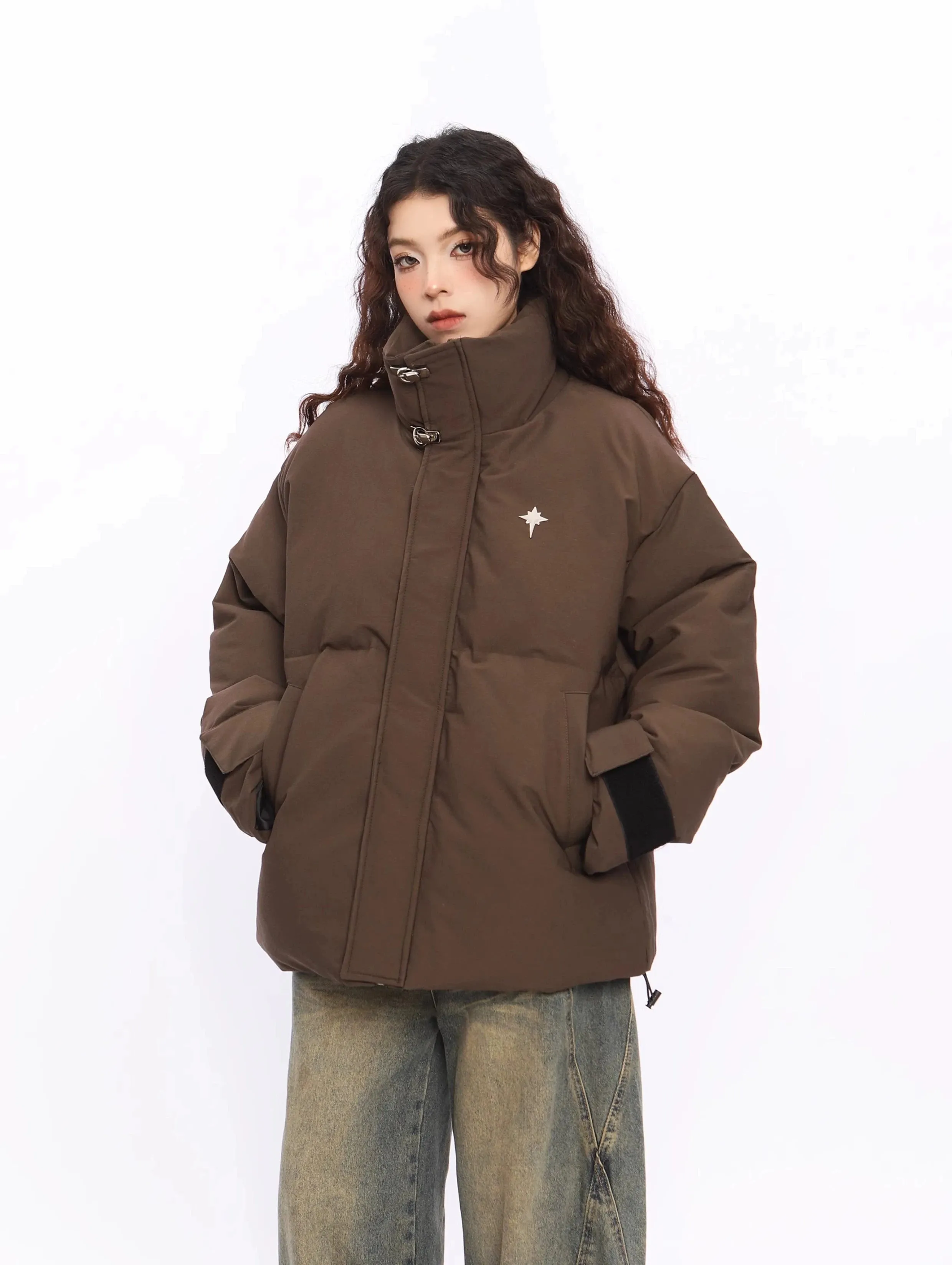 Puffer Jacket with High Collar Buckles Detail