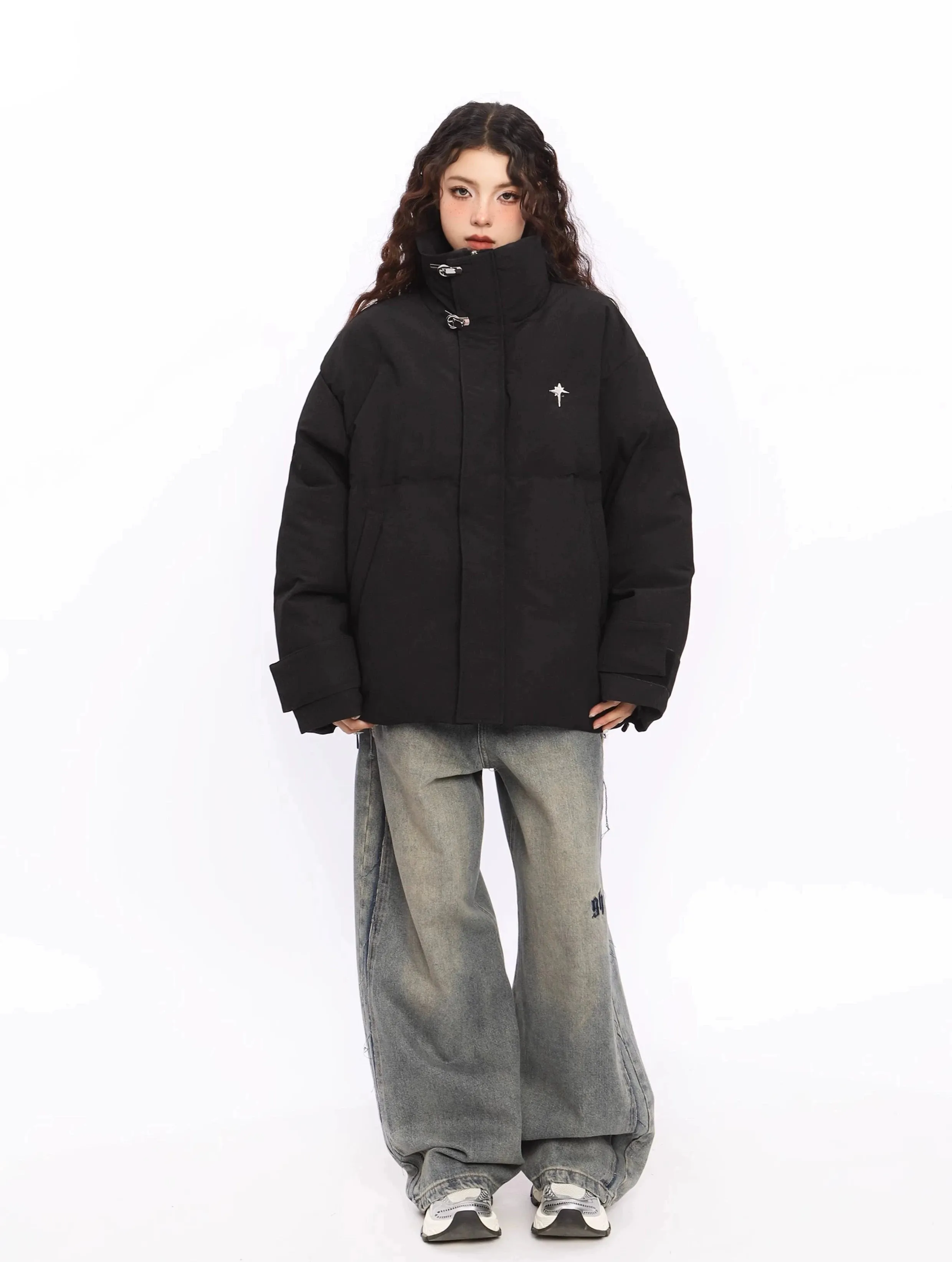 Puffer Jacket with High Collar Buckles Detail