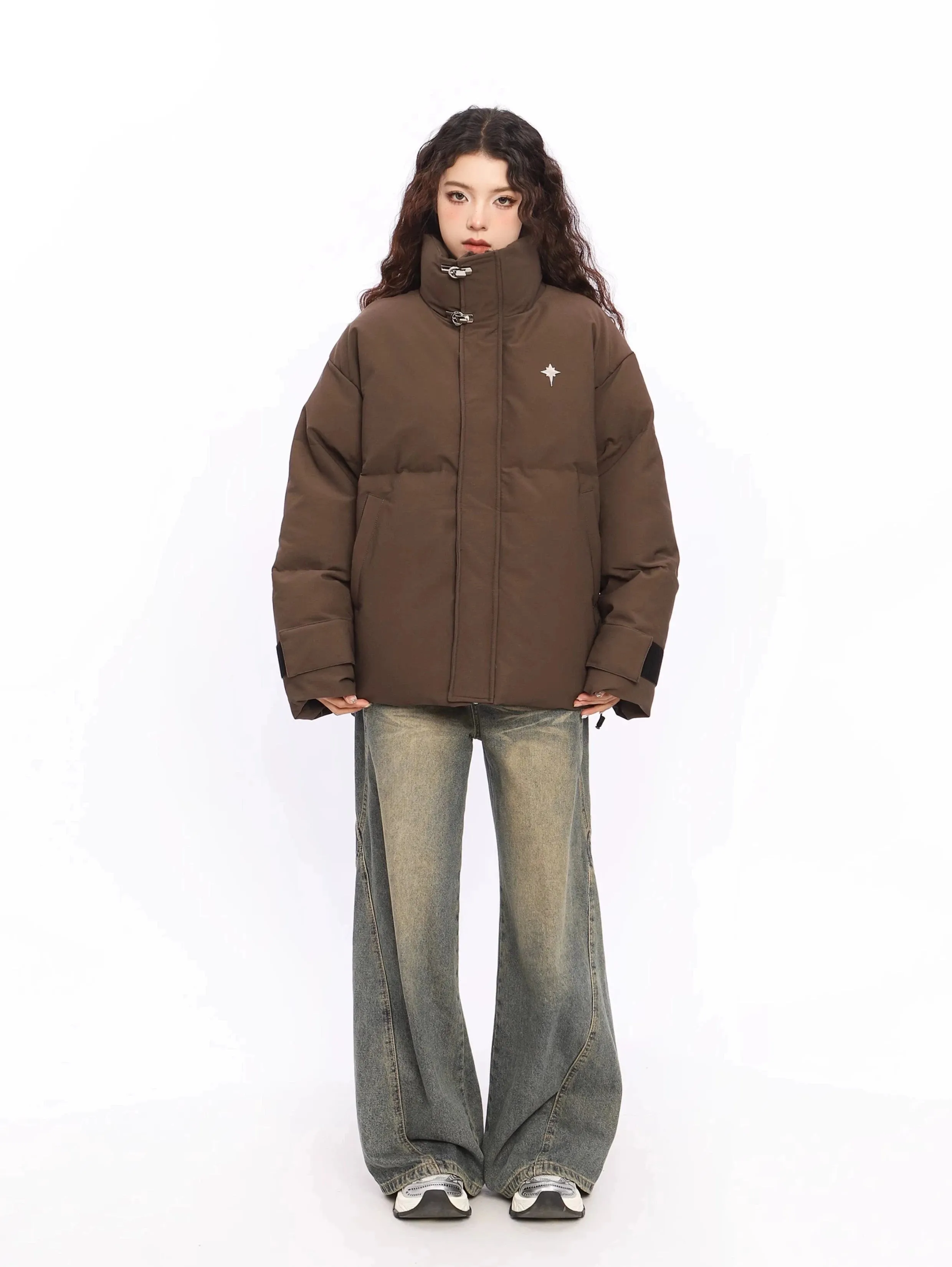 Puffer Jacket with High Collar Buckles Detail