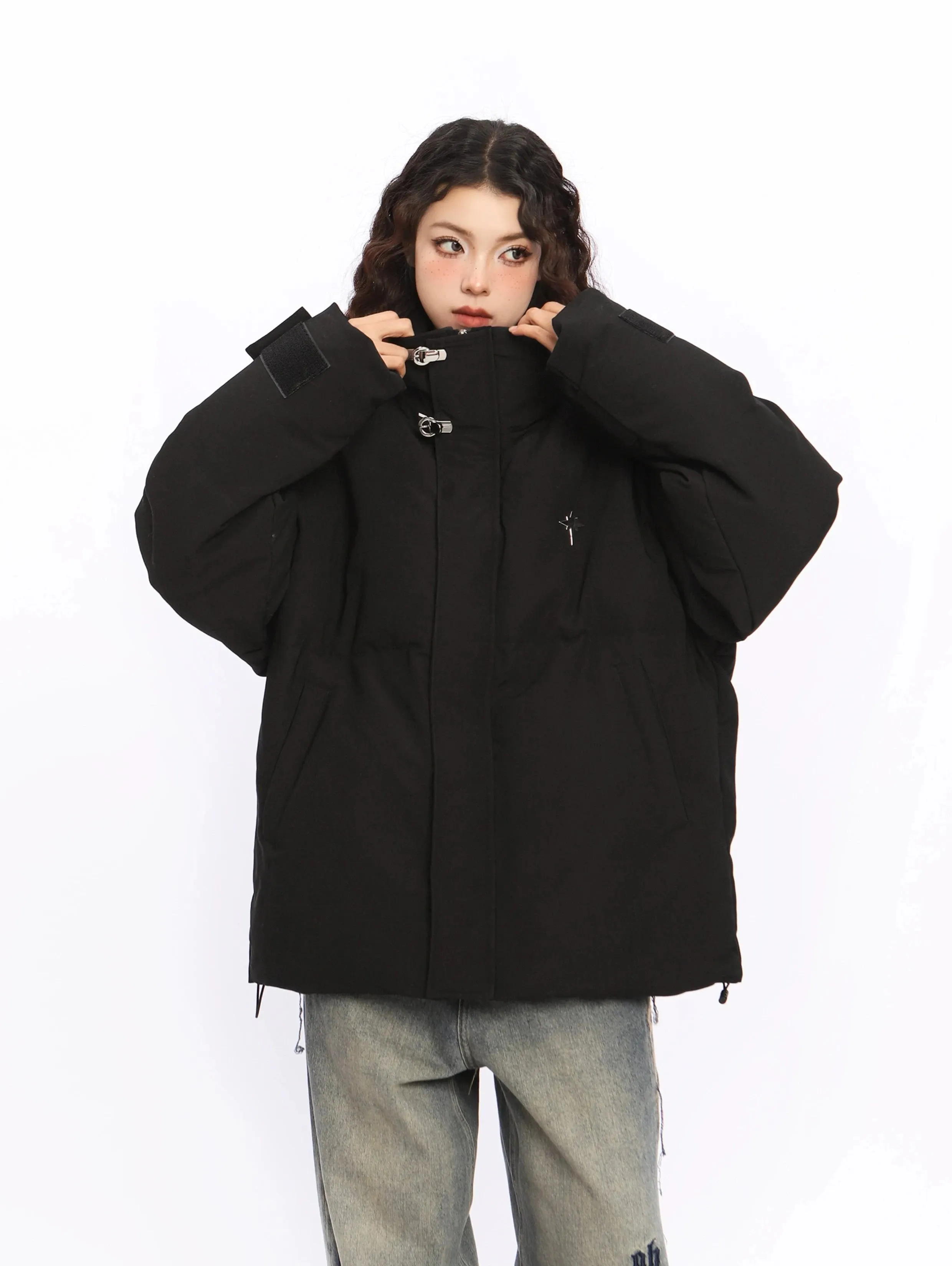 Puffer Jacket with High Collar Buckles Detail