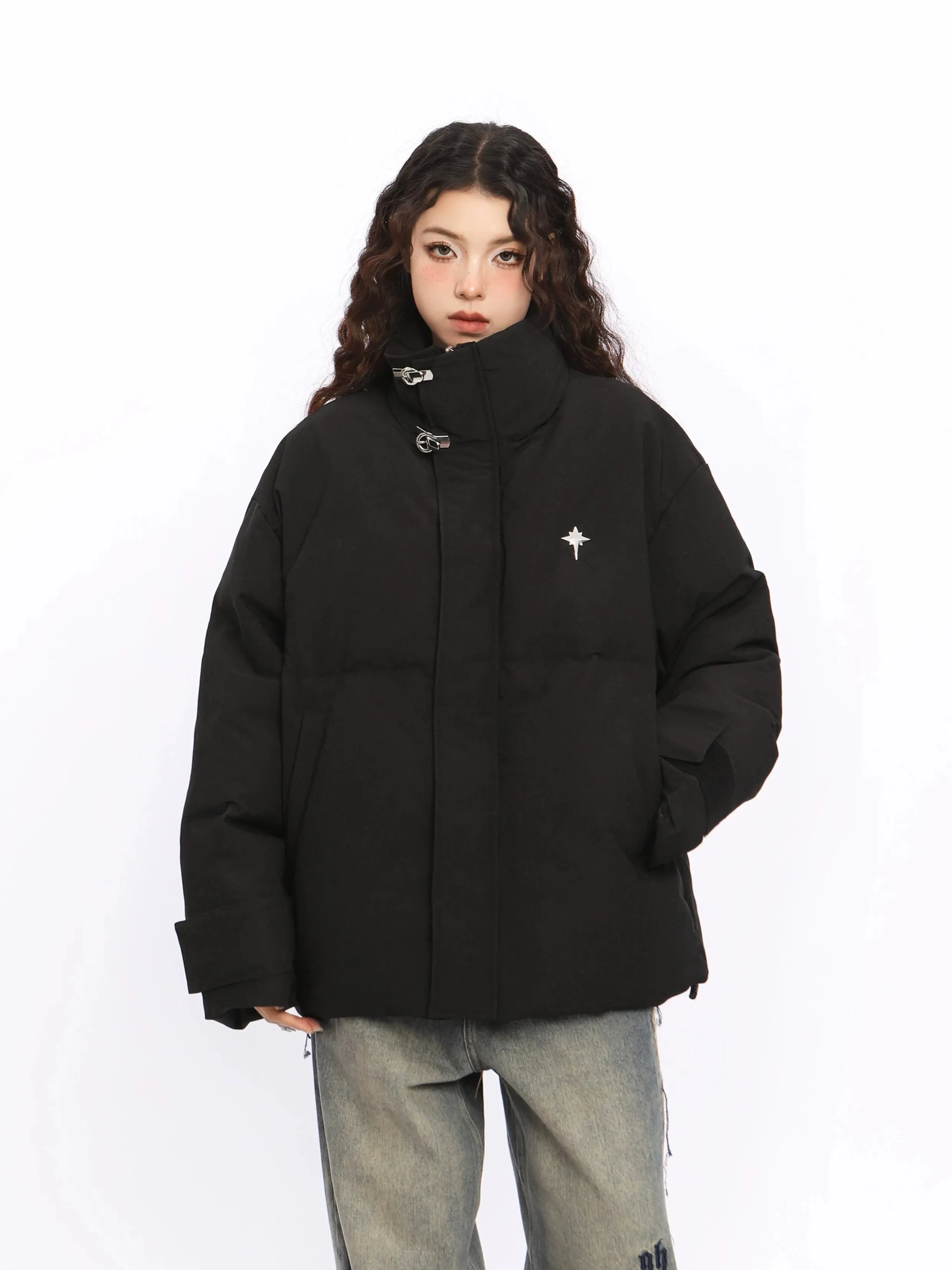 Puffer Jacket with High Collar Buckles Detail