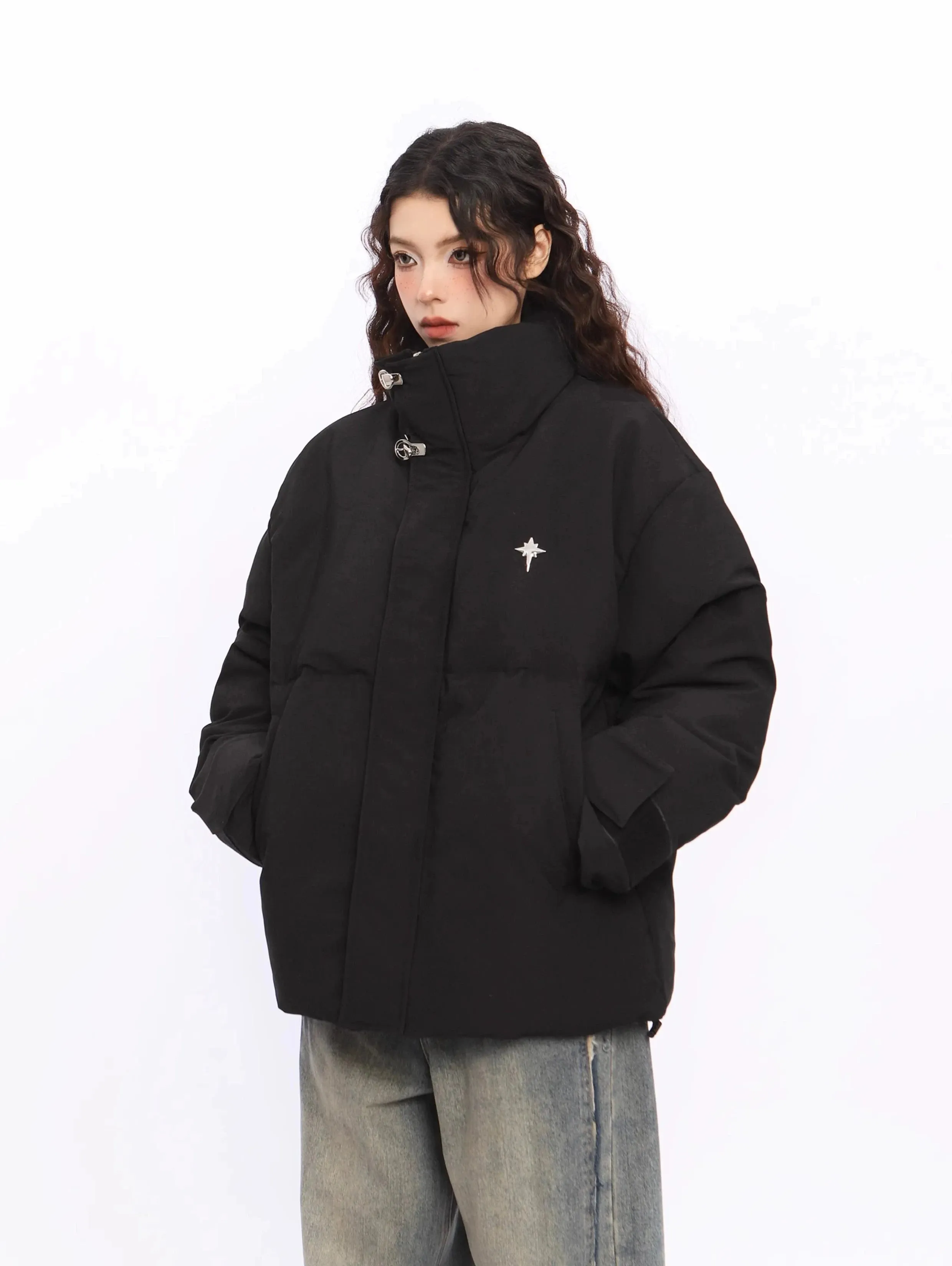 Puffer Jacket with High Collar Buckles Detail