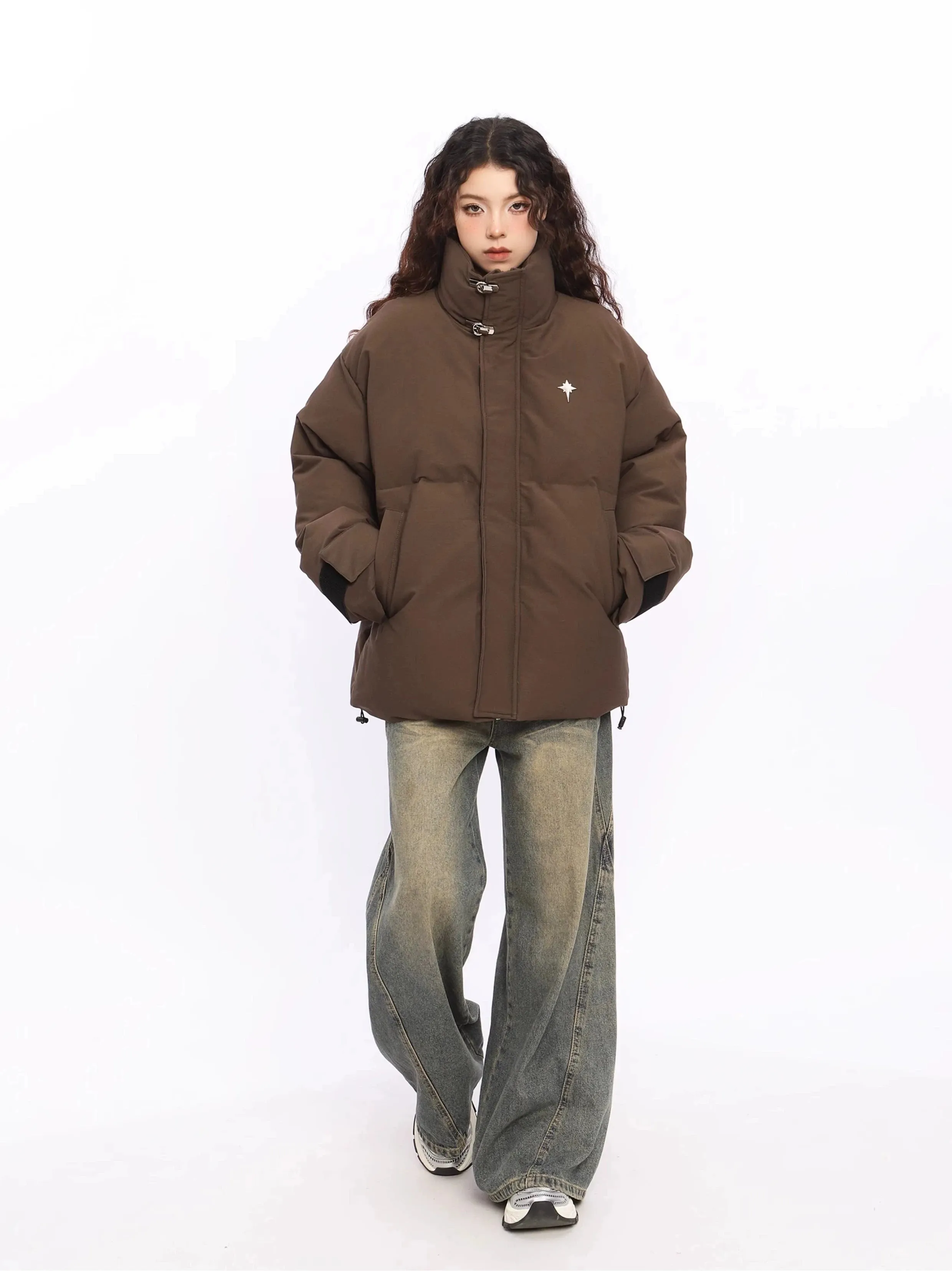 Puffer Jacket with High Collar Buckles Detail